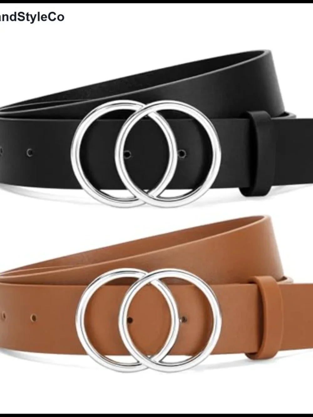Women Faux Leather Belts Double O Ring Buckle 2 Pack
